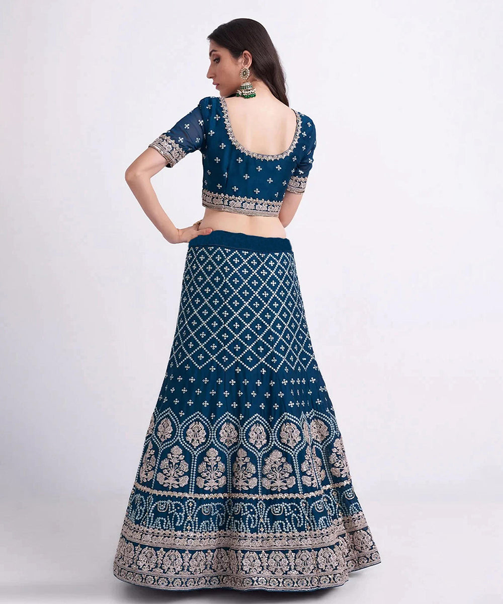 Lehenga Blue Net Embroidered Unstitched