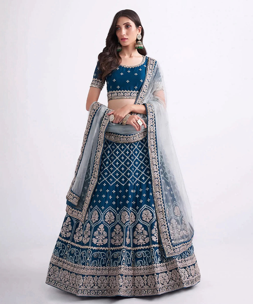 Lehenga Blue Net Embroidered Unstitched