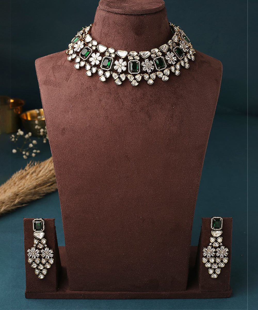 Green Floral American Diamond Necklace Set