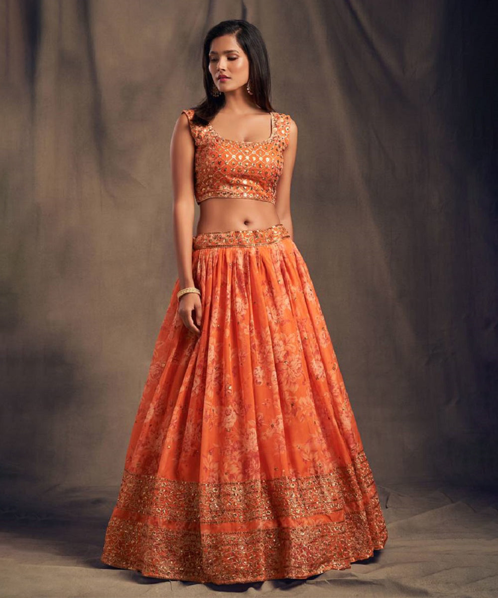 Lehenga Orange Organza Zari Unstitched