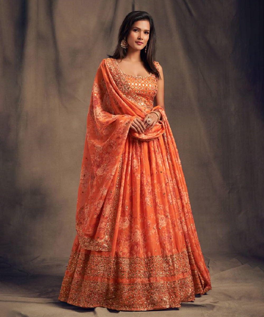 Lehenga Orange Organza Zari Unstitched