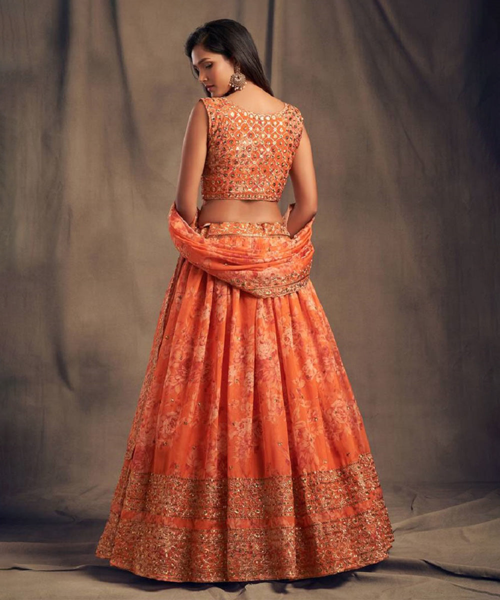 Lehenga Orange Organza Zari Unstitched