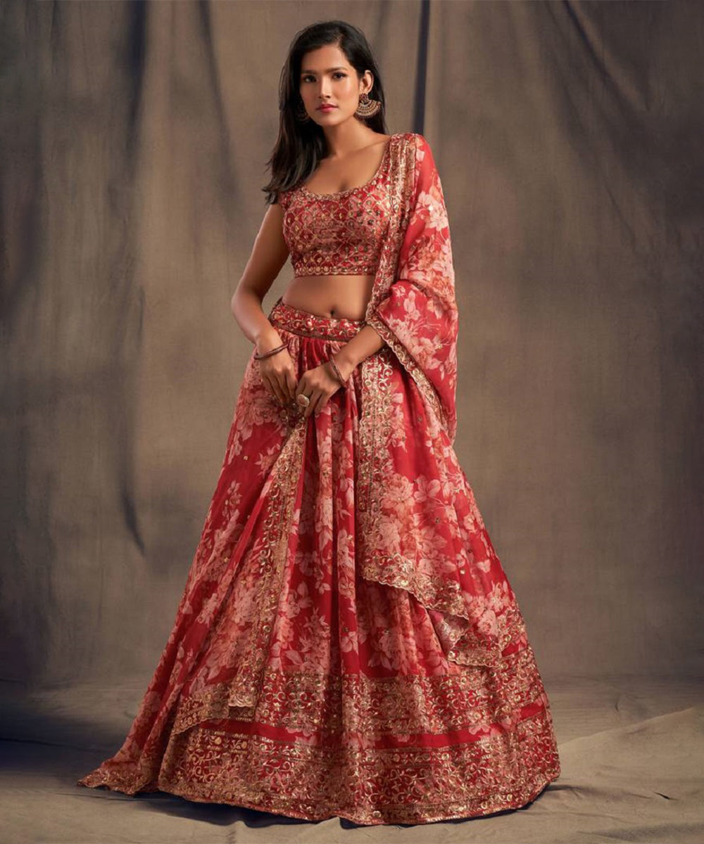 Lehenga Red Zari Sequin Bridal Unstitched