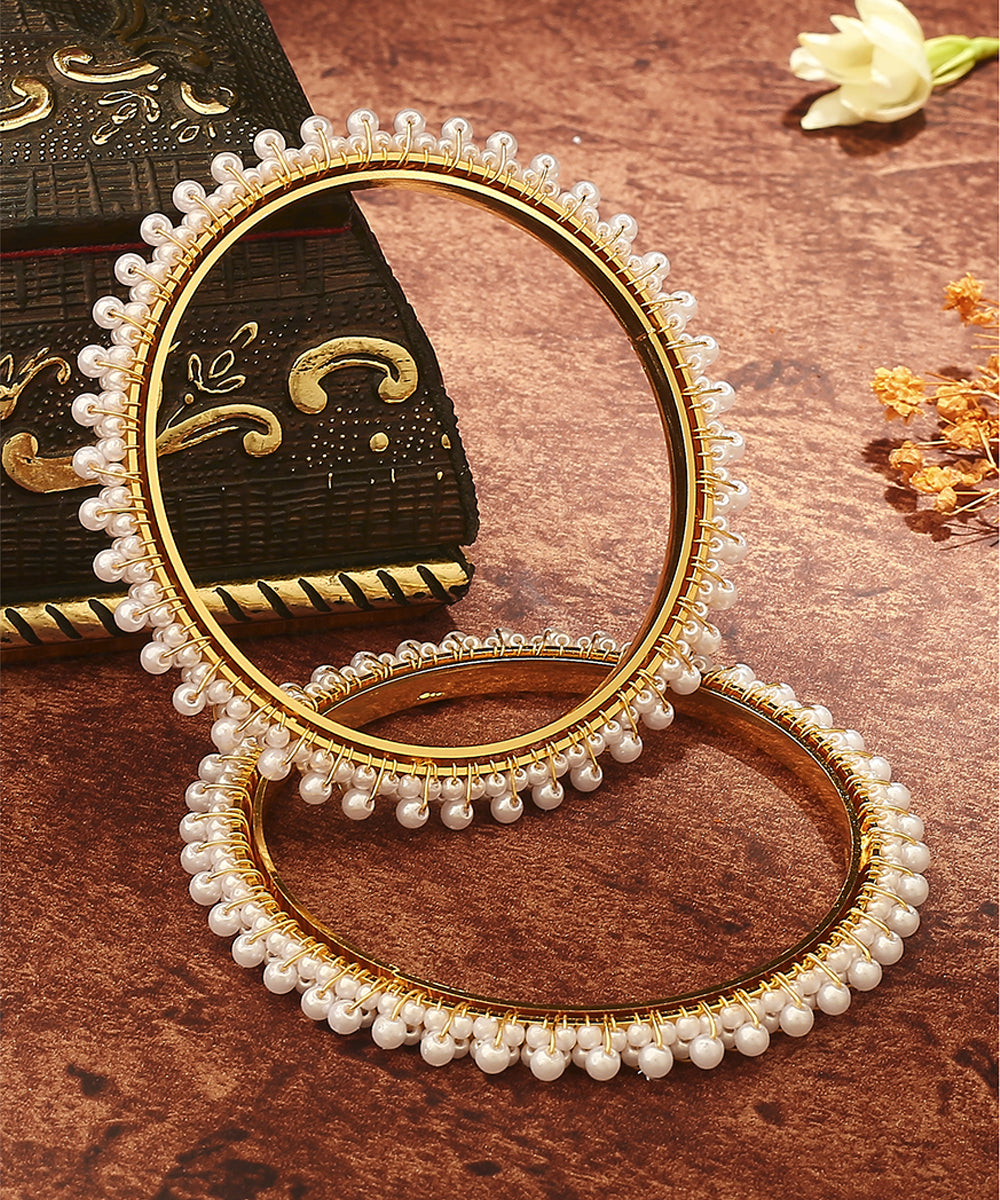 White Gold Beaded Alloy Bangles Set of 2