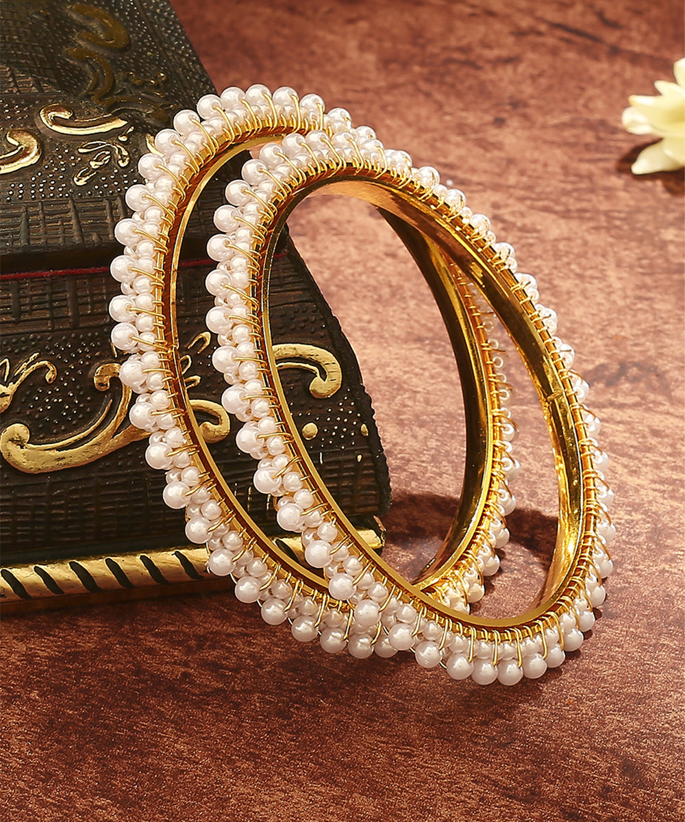 White Gold Beaded Alloy Bangles Set of 2