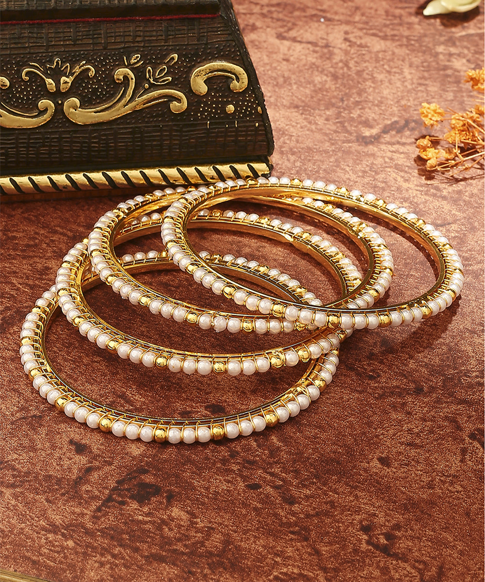 White Gold Beaded Alloy Bangles Set of 2