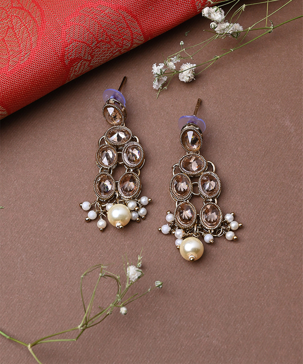 Kundan White Gold Beaded Necklace Set With Earrings