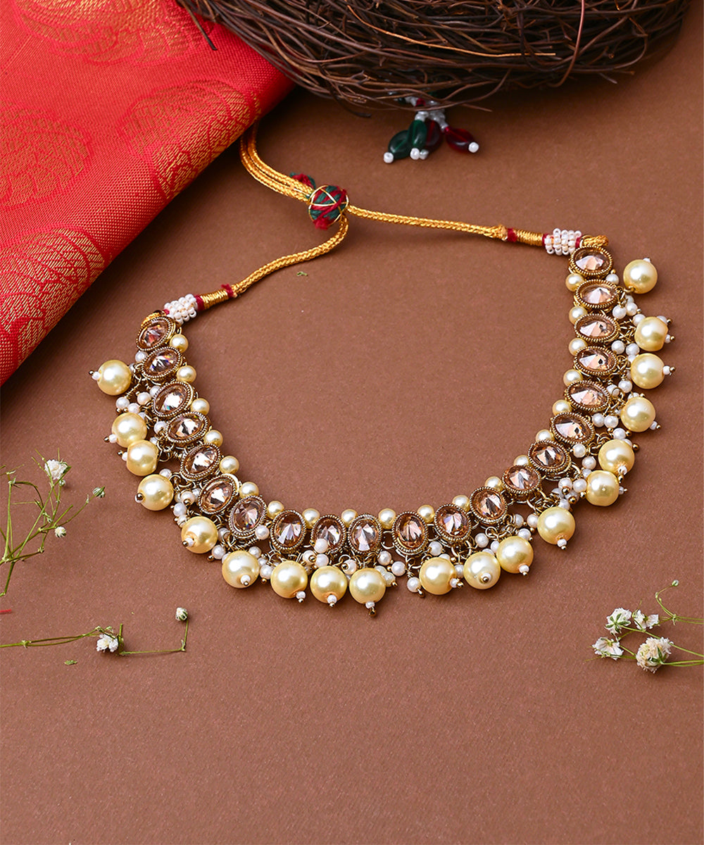 Kundan White Gold Beaded Necklace Set With Earrings
