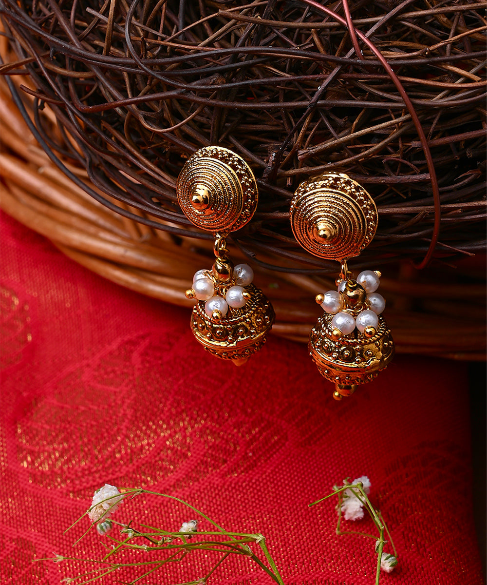 White Gold Beaded Jewellery with Golden Earrings