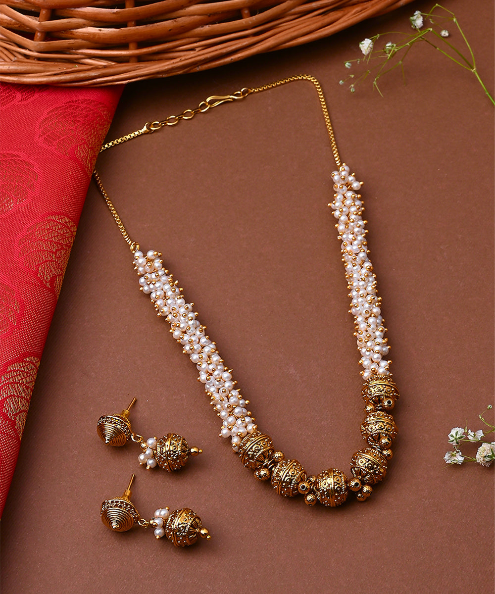 White Gold Beaded Jewellery with Golden Earrings
