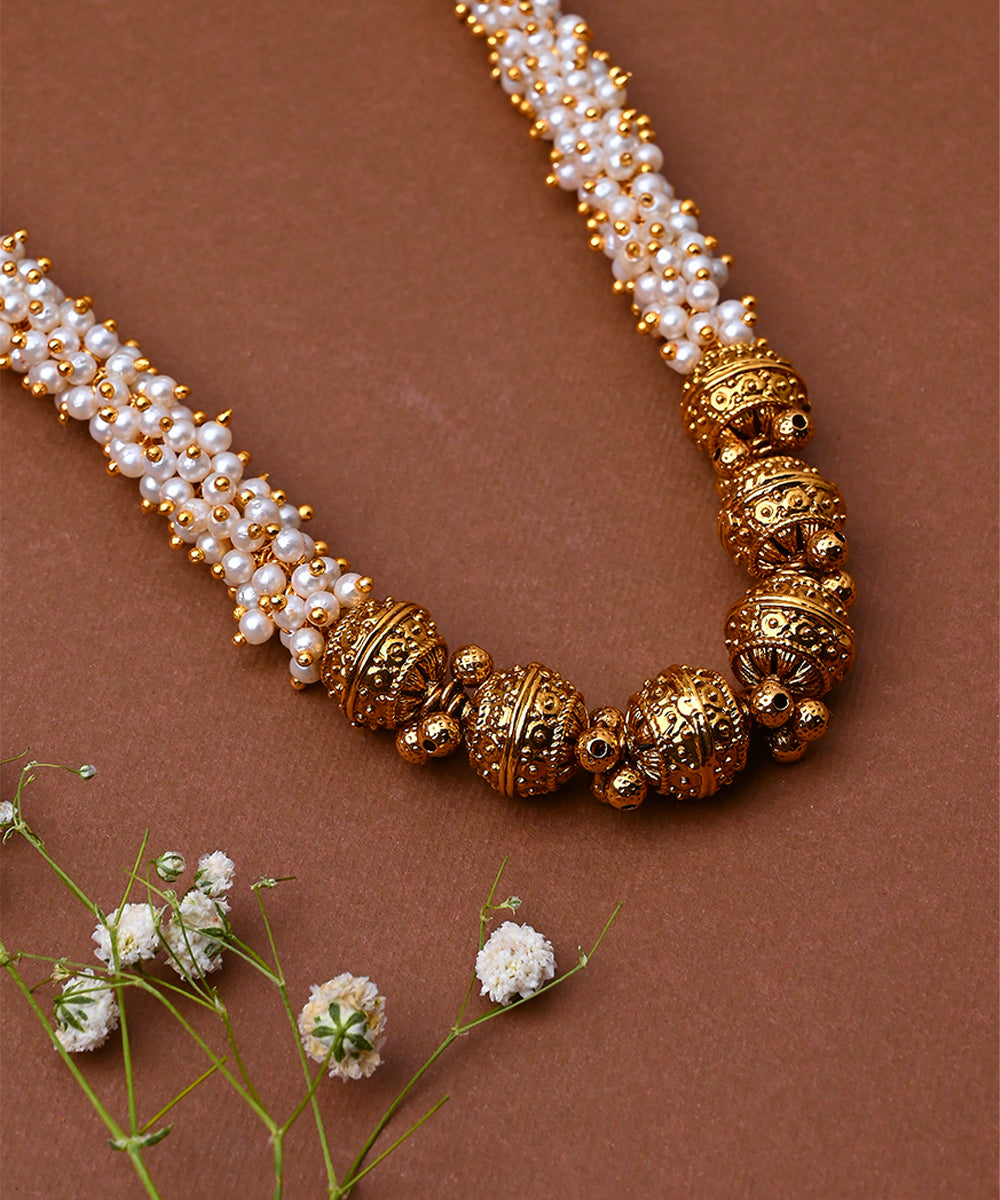 White Gold Beaded Jewellery with Golden Earrings