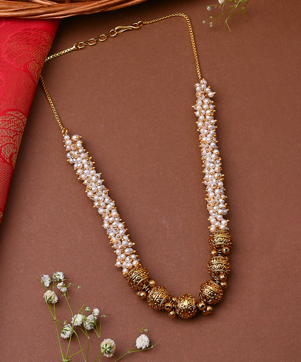 White Gold Beaded Jewellery with Golden Earrings