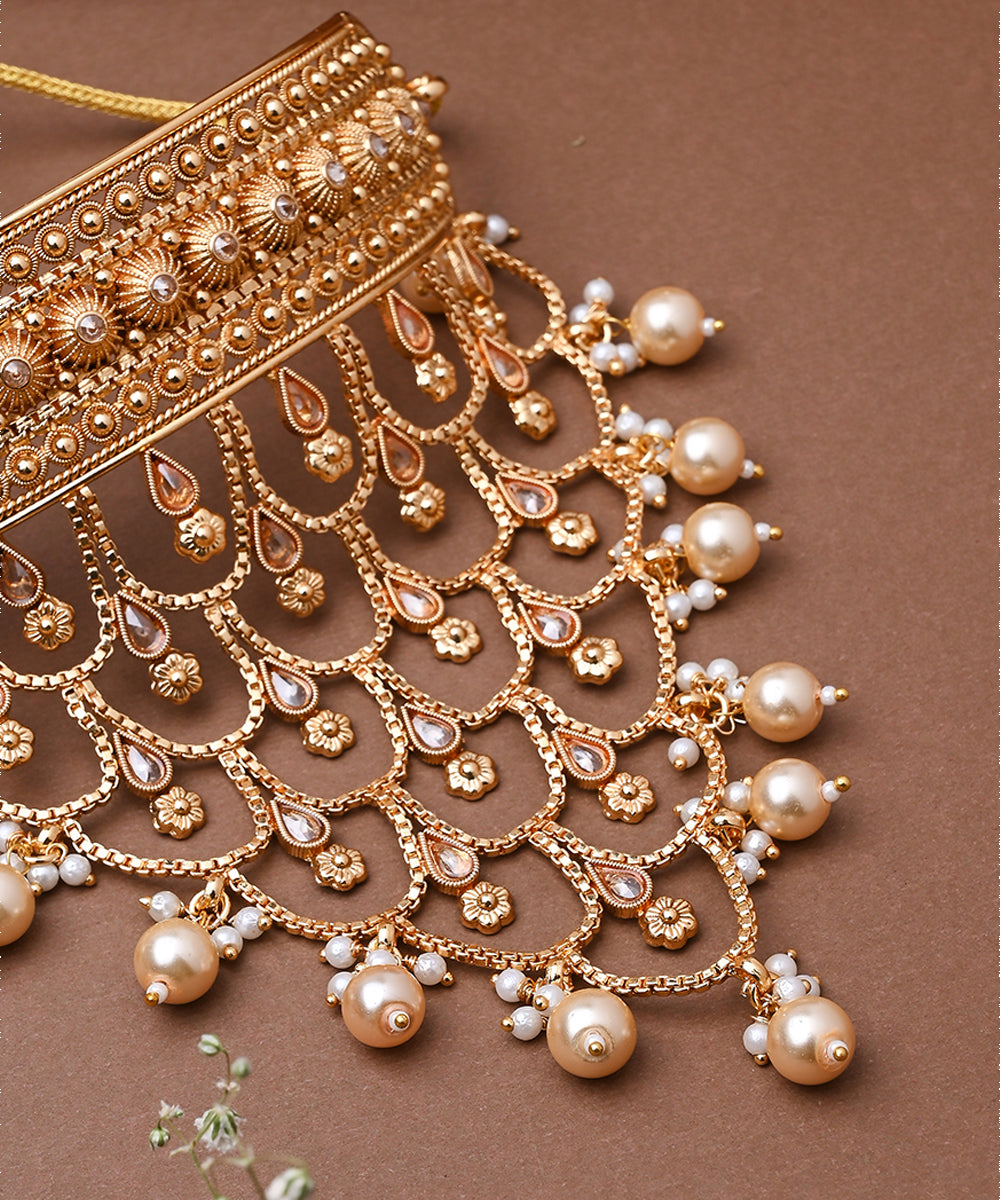 Traditional Gold Plated Long Choker Set with Attached Chains