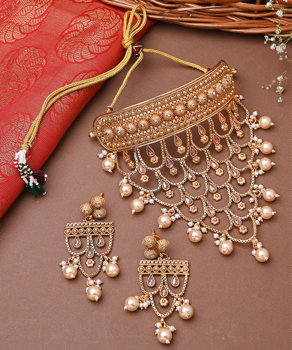 Traditional Gold Plated Long Choker Set with Attached Chains