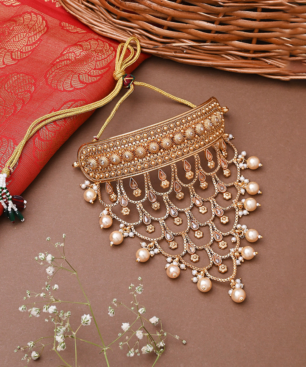 Traditional Gold Plated Long Choker Set with Attached Chains