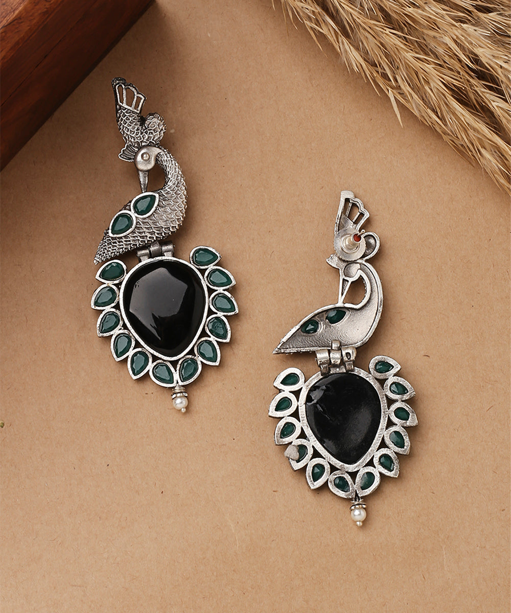 Peacock Carved Black Stone Earrings