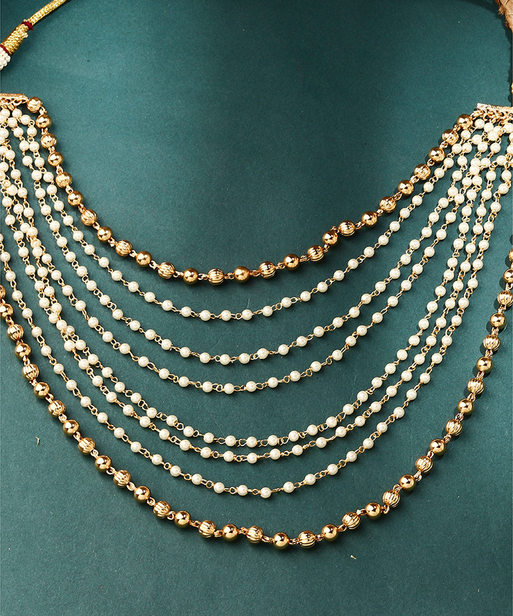 Beige and White Layered Beaded Necklace Set