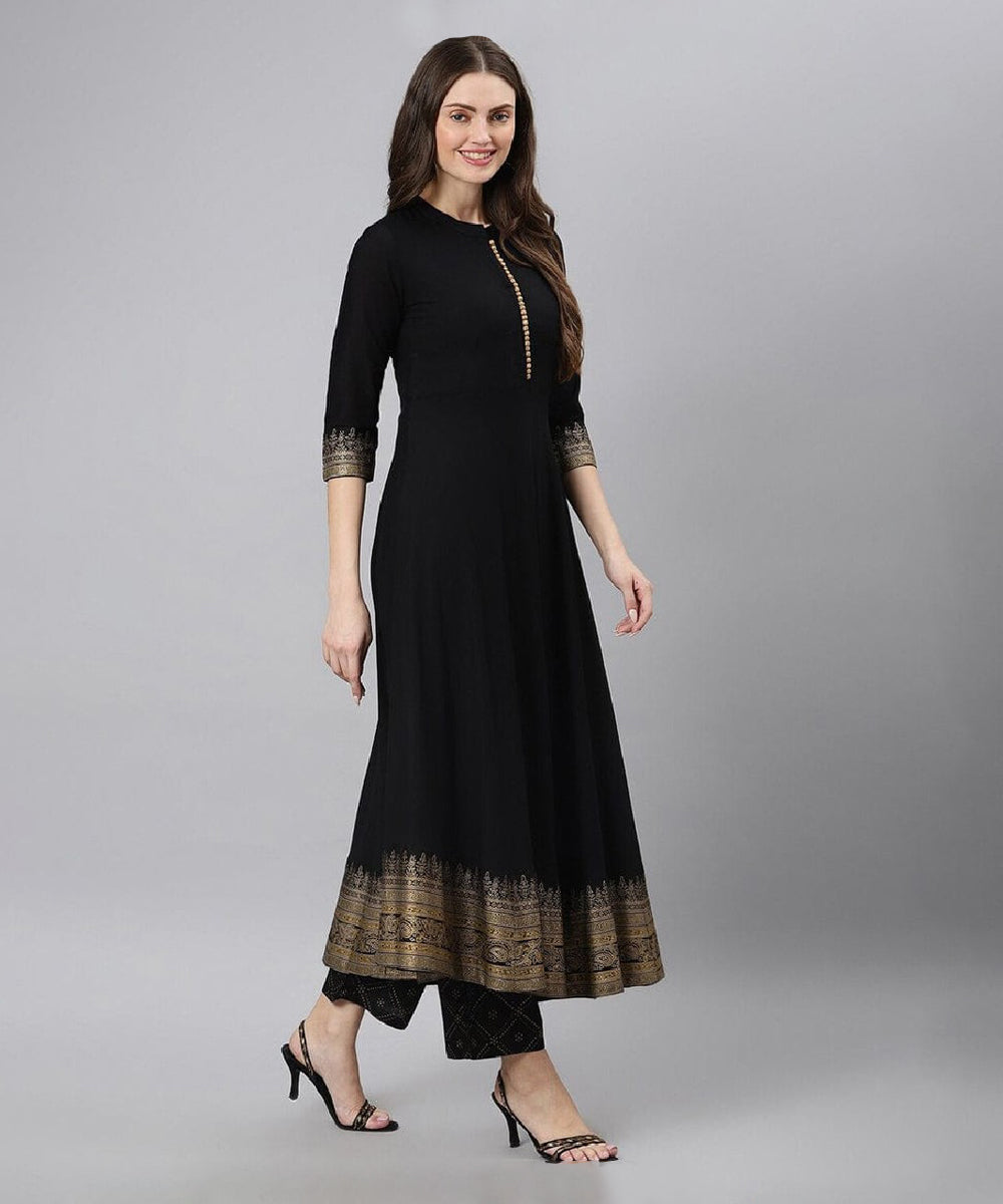 Kurta Set Black Cotton Printed