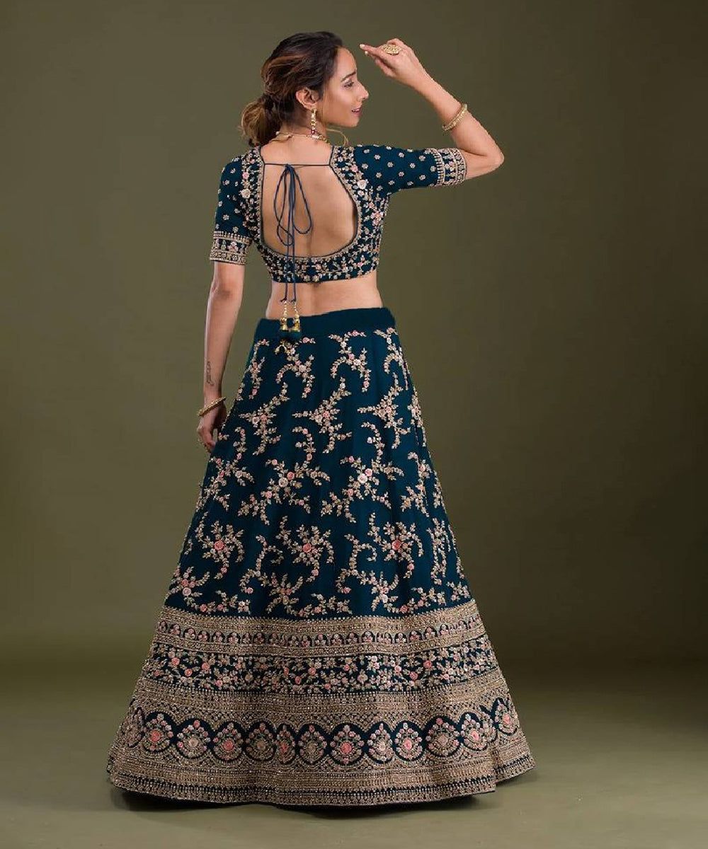 Lehenga Blue Pink Embroidered Unstitched