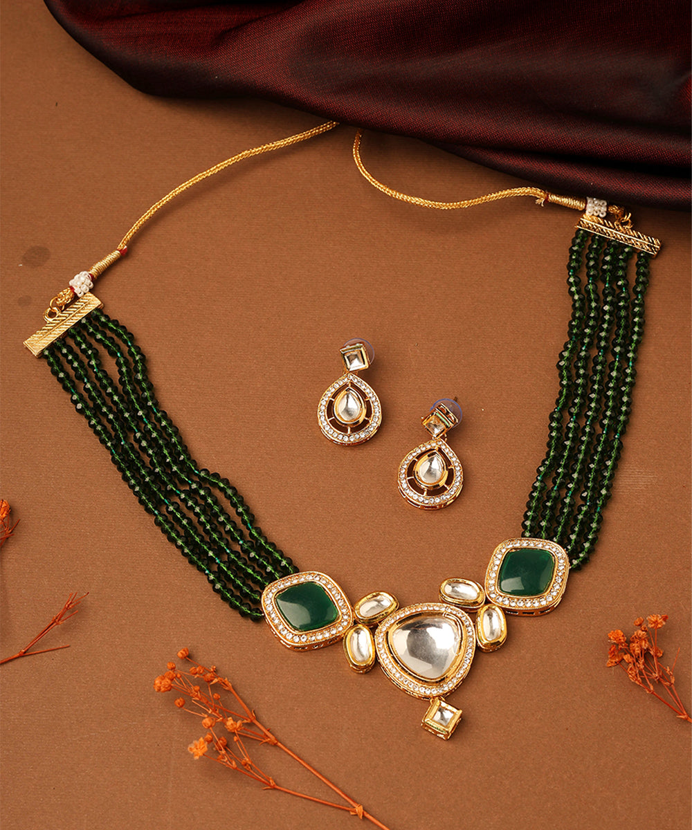 Kundan Pendant with Green Beads Necklace Set