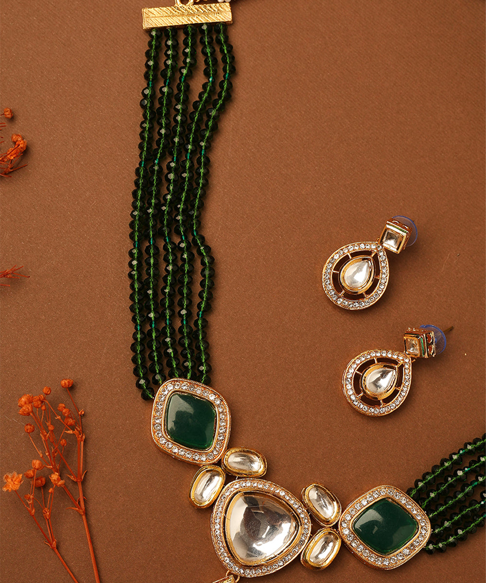 Kundan Pendant with Green Beads Necklace Set