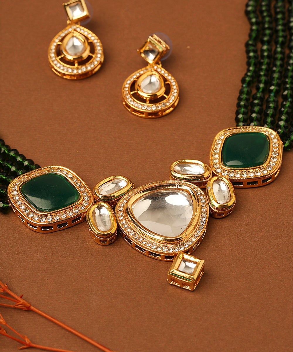 Kundan Pendant with Green Beads Necklace Set