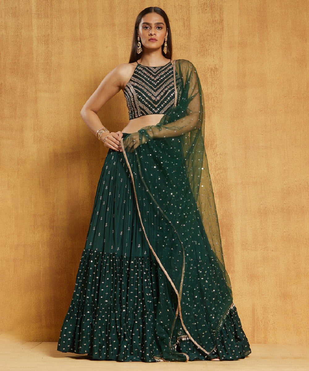 Dark Green Wedding Party Wear Sequin Work Lehenga Choli Unstitched