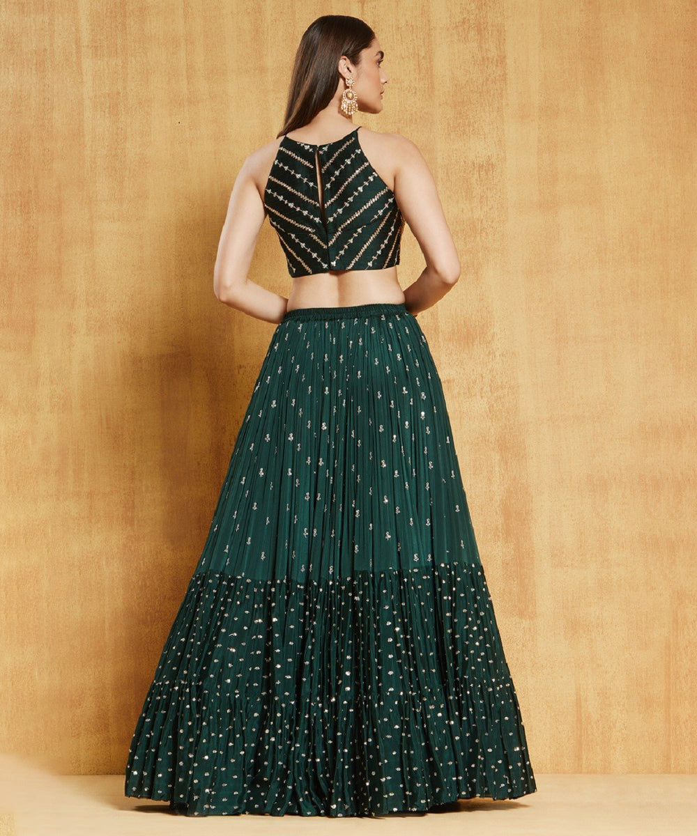 Dark Green Wedding Party Wear Sequin Work Lehenga Choli Unstitched