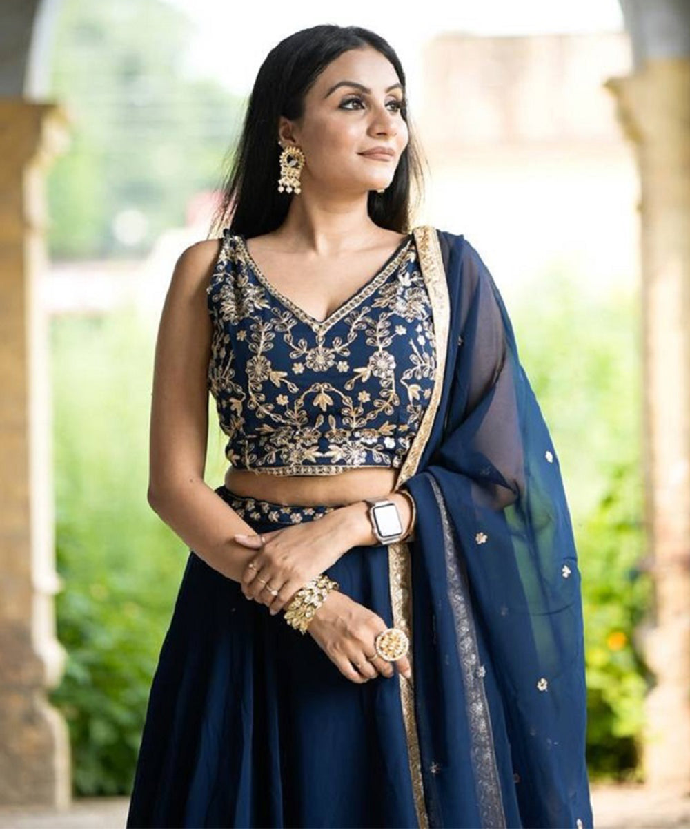 Lehenga Navy Sequin Georgette Unstitched