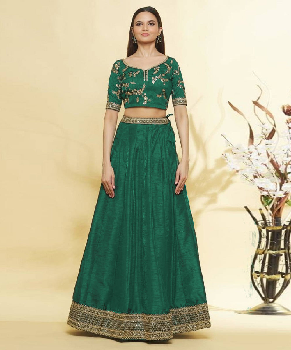 Art Silk Bottle Green Emerald Lehenga Choli for Mehendi Unstitched