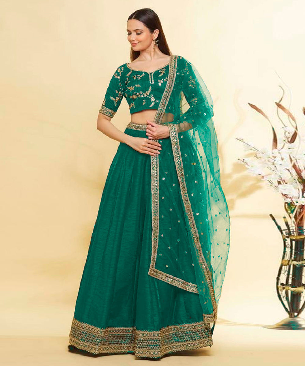 Art Silk Bottle Green Emerald Lehenga Choli for Mehendi Unstitched