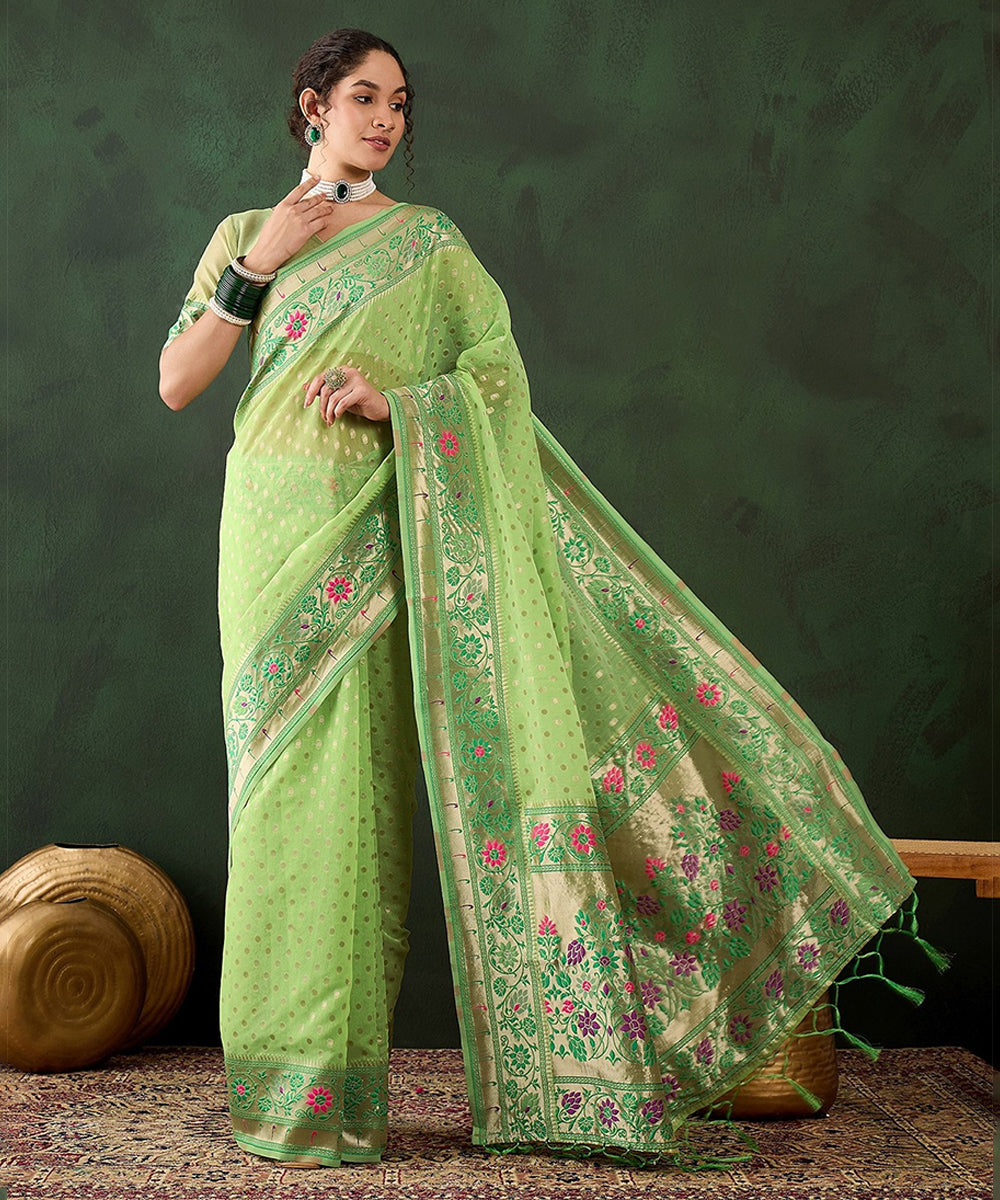 Pista Green Poly Cotton Woven Saree with Classic Blouse