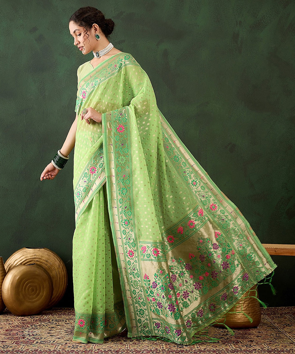 Pista Green Poly Cotton Woven Saree with Classic Blouse