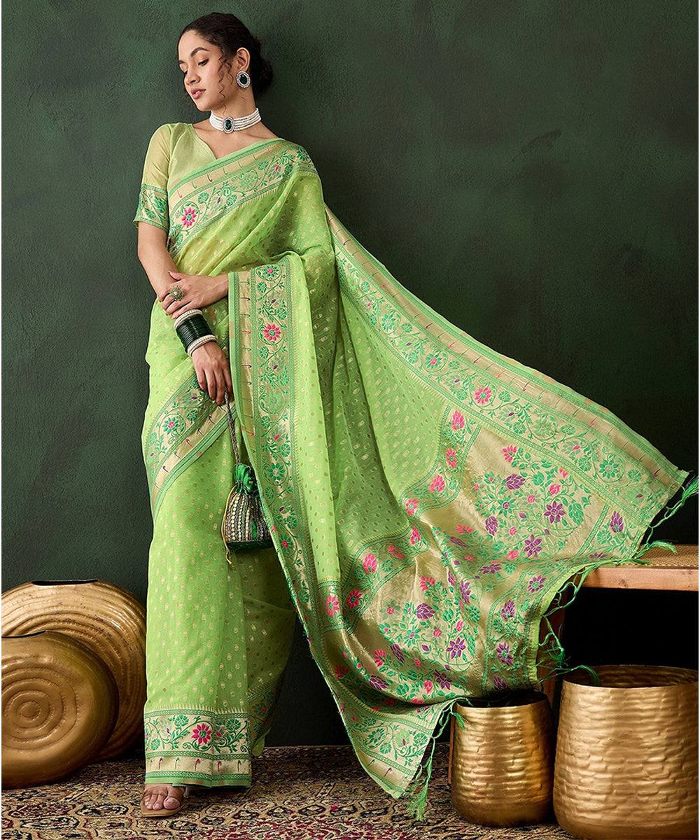 Pista Green Poly Cotton Woven Saree with Classic Blouse