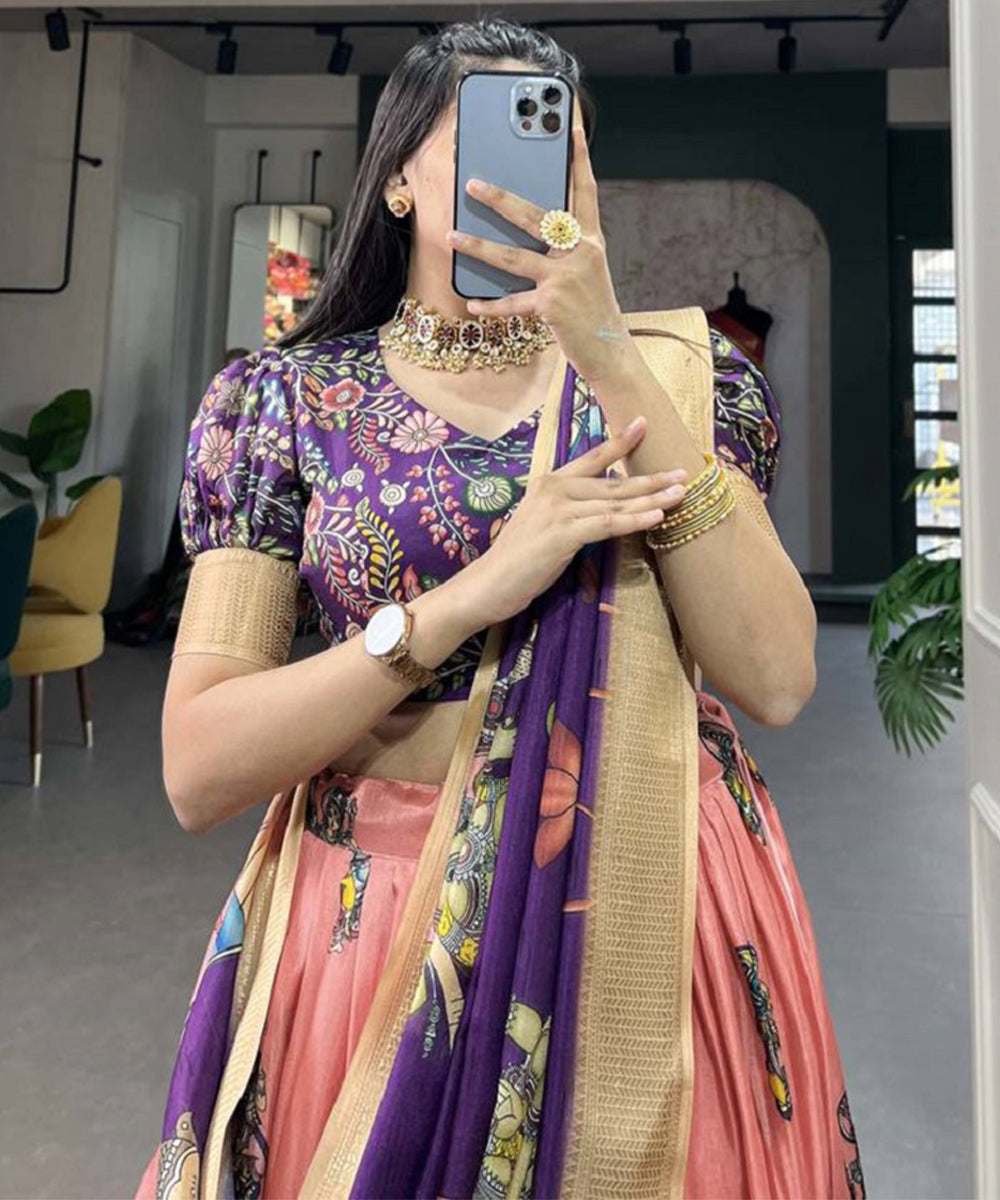 Women's Dola Silk Lehenga Choli with Kalamkari Print Unstitched