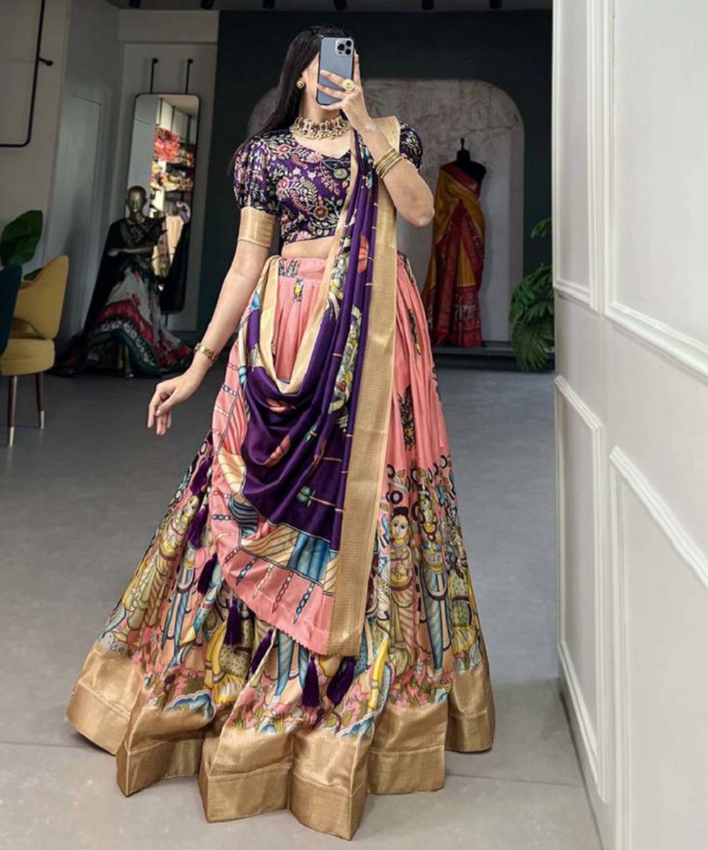Women's Dola Silk Lehenga Choli with Kalamkari Print Unstitched