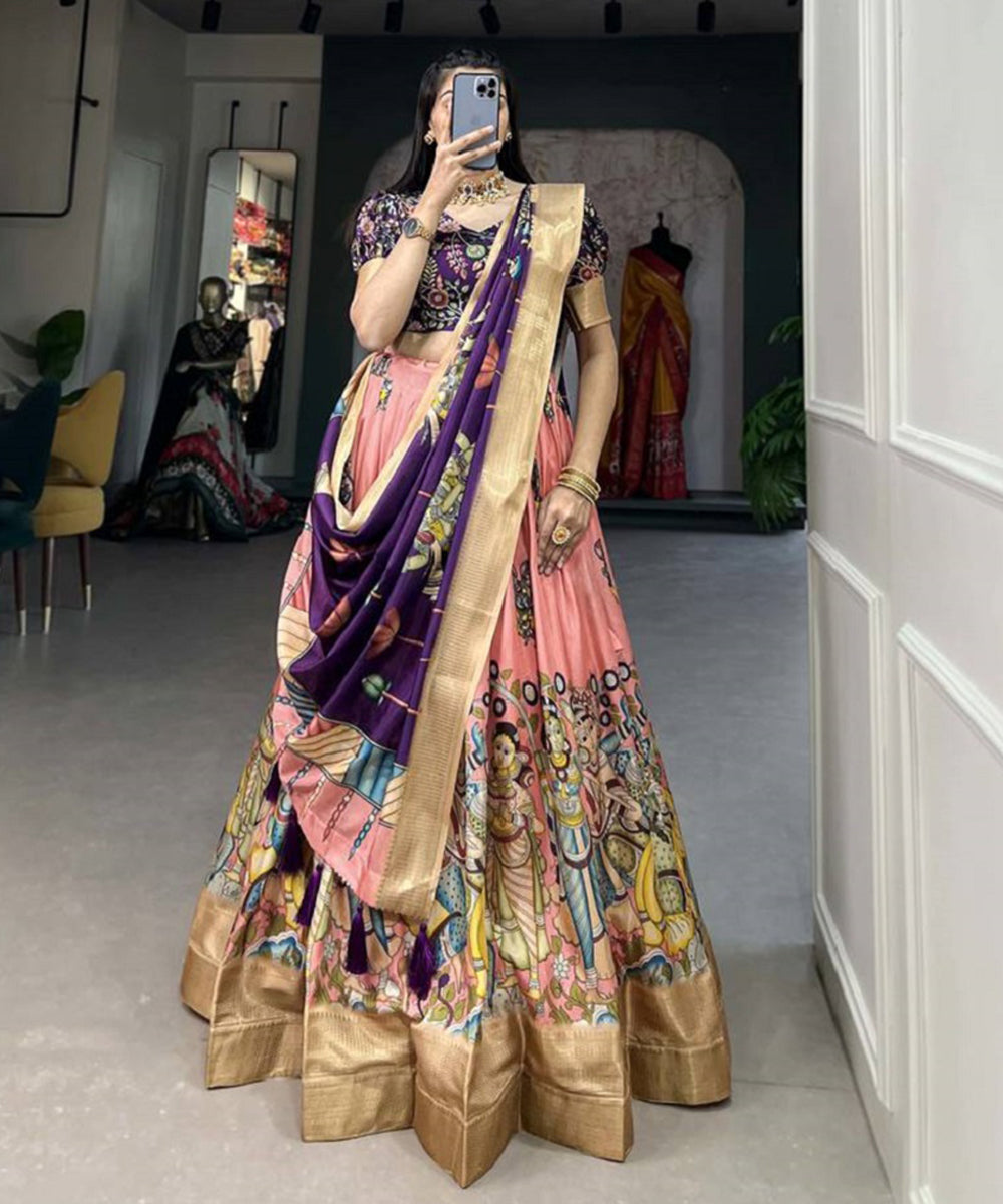 Women's Dola Silk Lehenga Choli with Kalamkari Print Unstitched