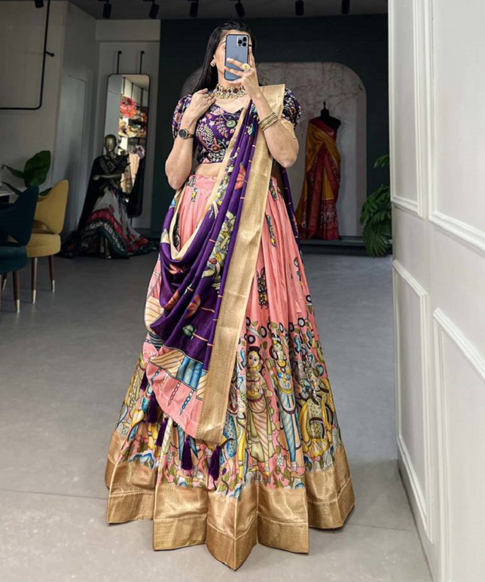 Women's Dola Silk Lehenga Choli with Kalamkari Print Unstitched