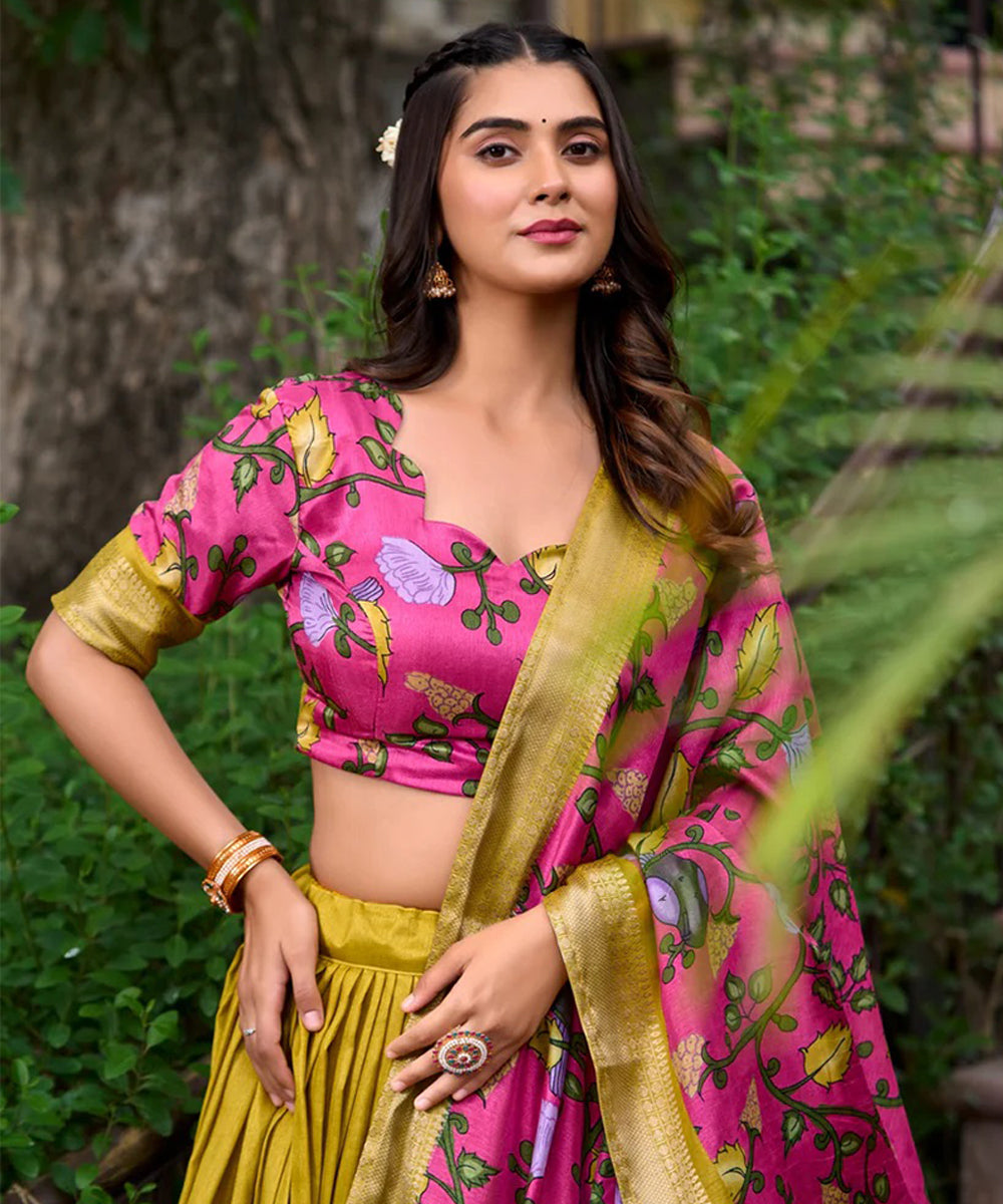 Mustard Printed Art Silk Lehenga Choli with Traditional Patterns Unstitched