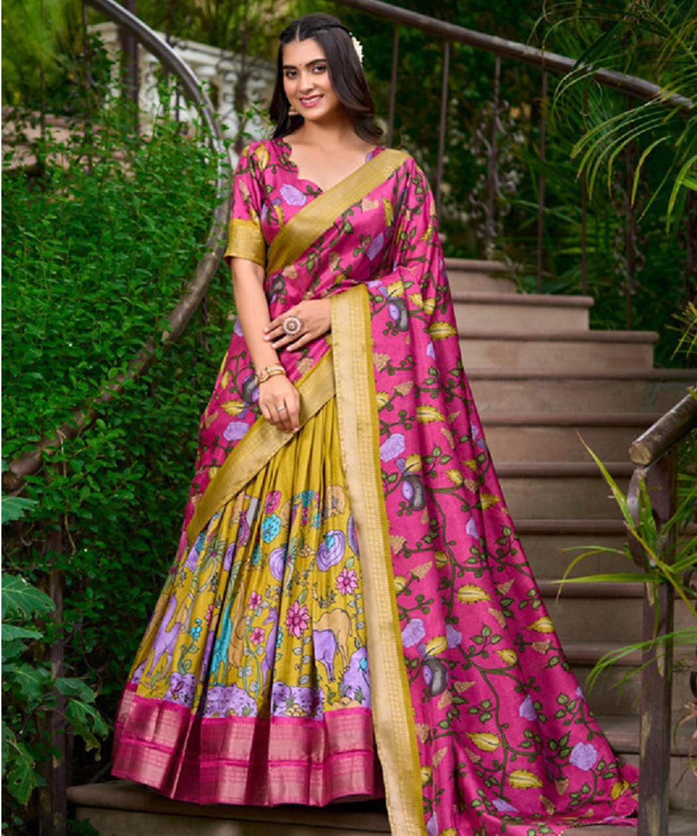 Mustard Printed Art Silk Lehenga Choli with Traditional Patterns Unstitched