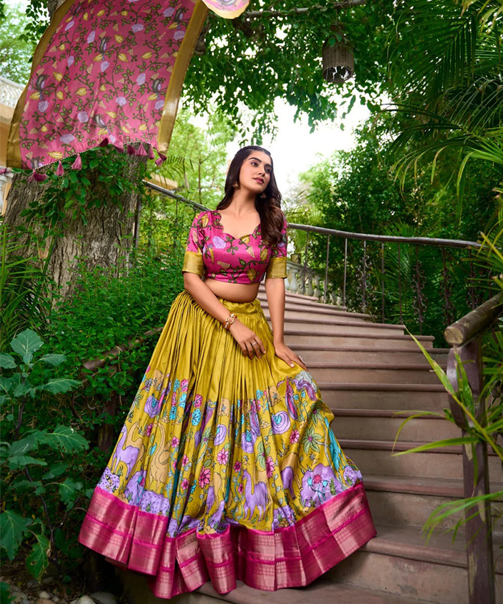 Mustard Printed Art Silk Lehenga Choli with Traditional Patterns Unstitched