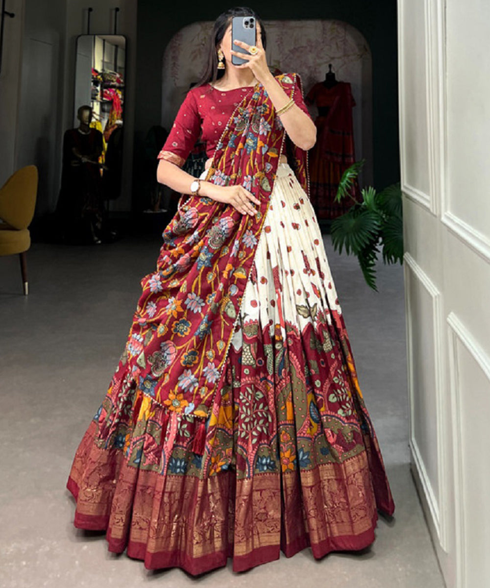 Lehenga Red Printed Art Silk Unstitched
