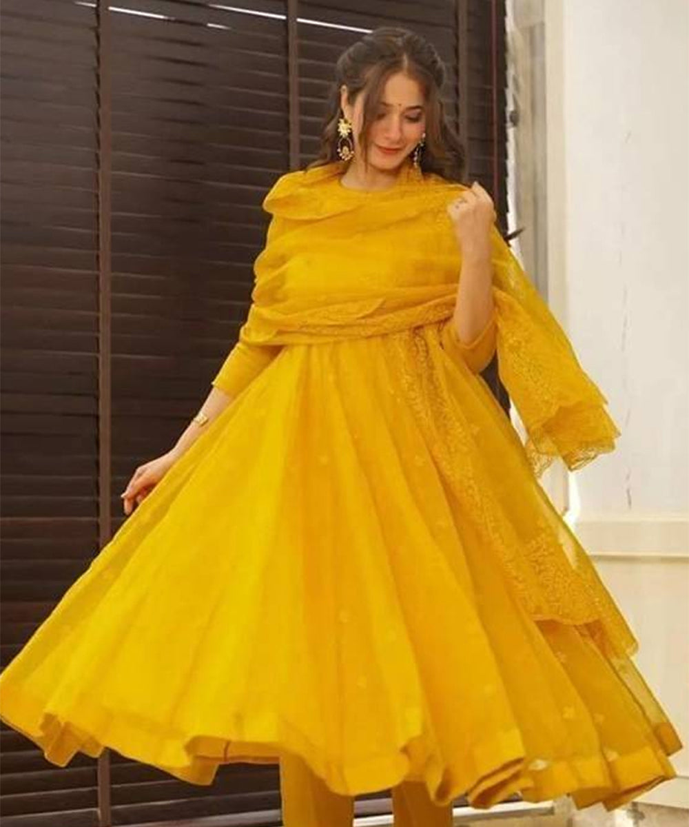 Anarkali Yellow Thread Work
