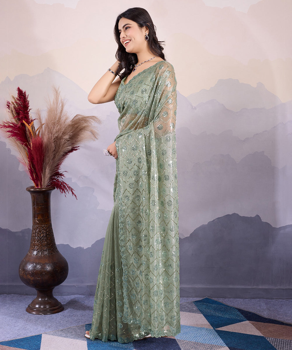Olive Tulle Net Saree with Shimmering Sequin Embroidery