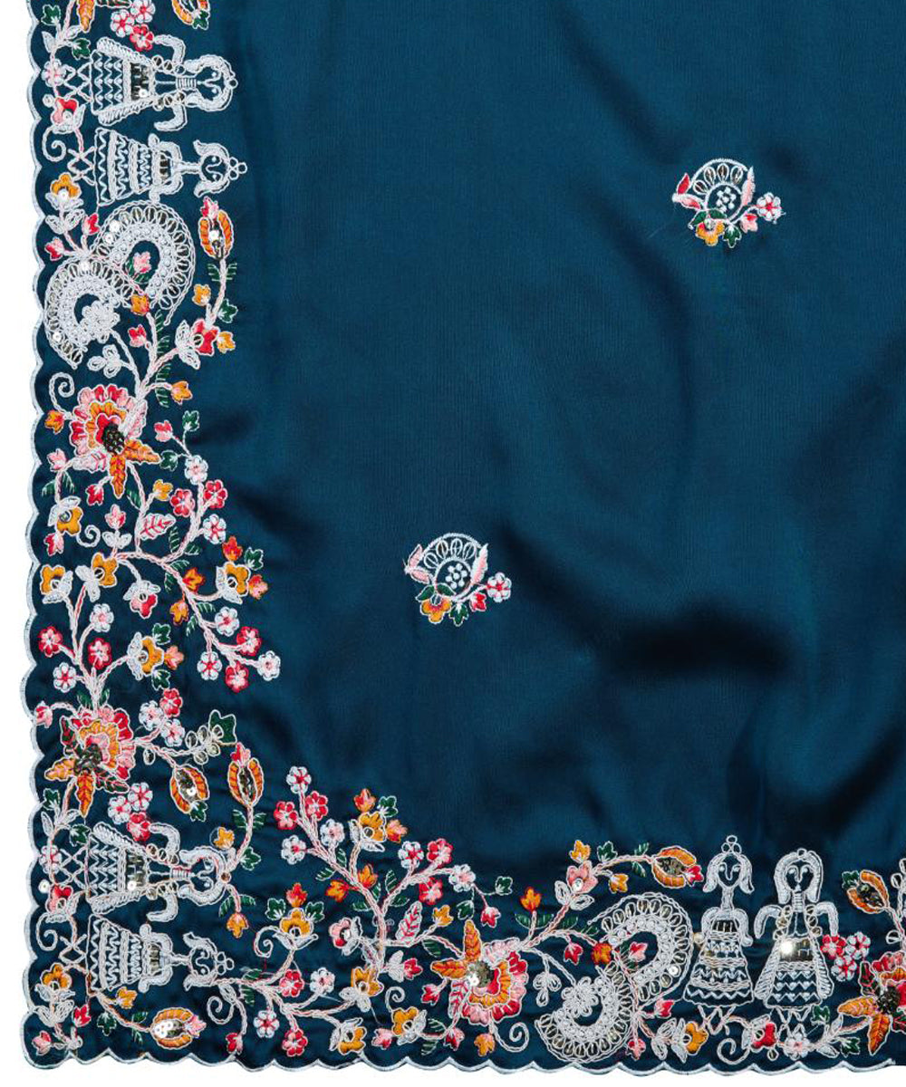 Peacock Blue Georgette Saree with Embroidered Border And Blouse