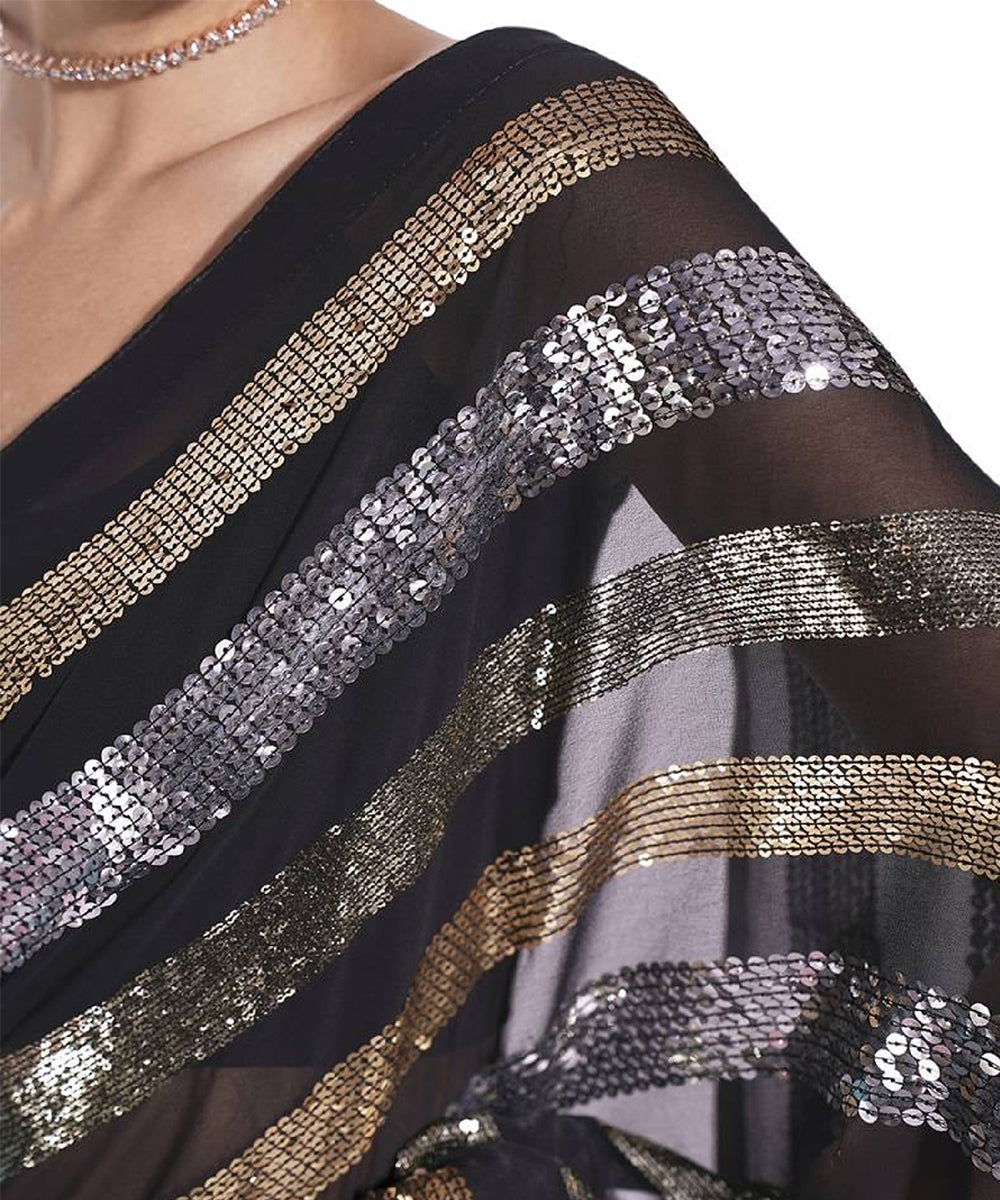 Black Saree with Metallic Sequin Stripes and Modern Glamour