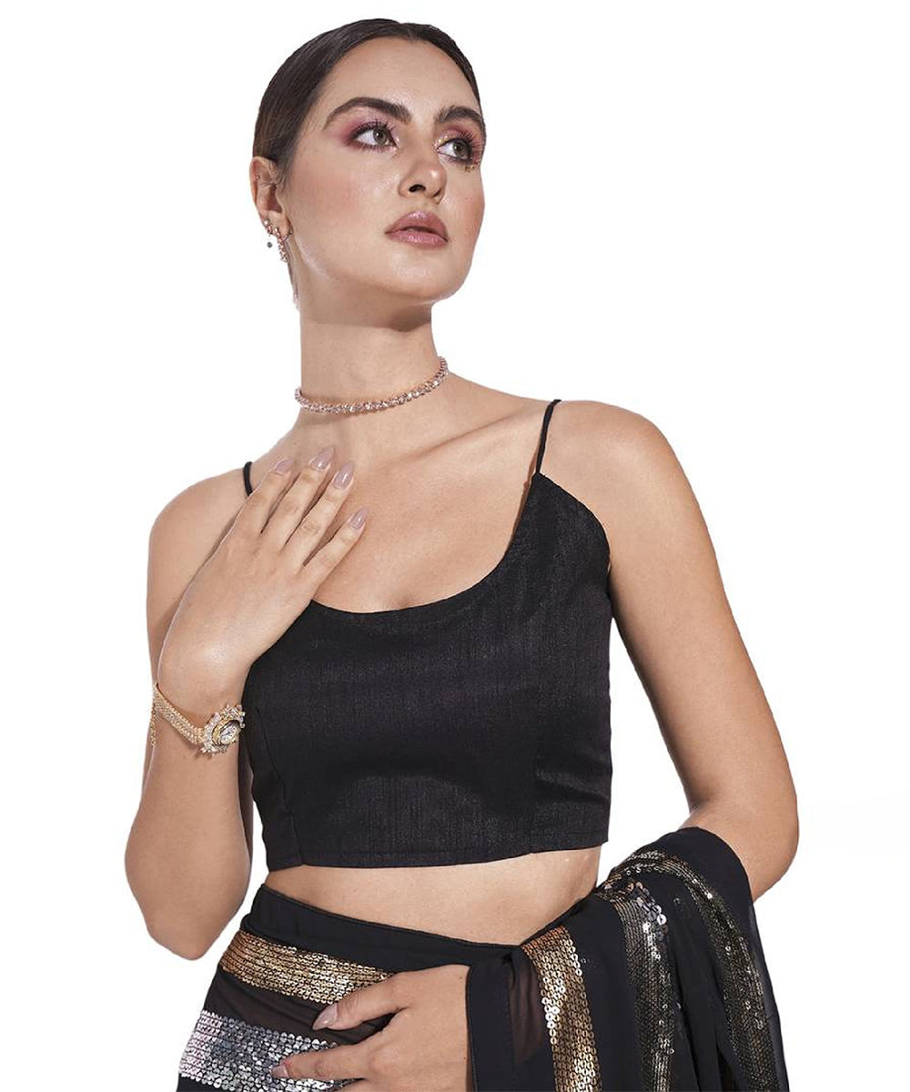 Black Saree with Metallic Sequin Stripes and Modern Glamour