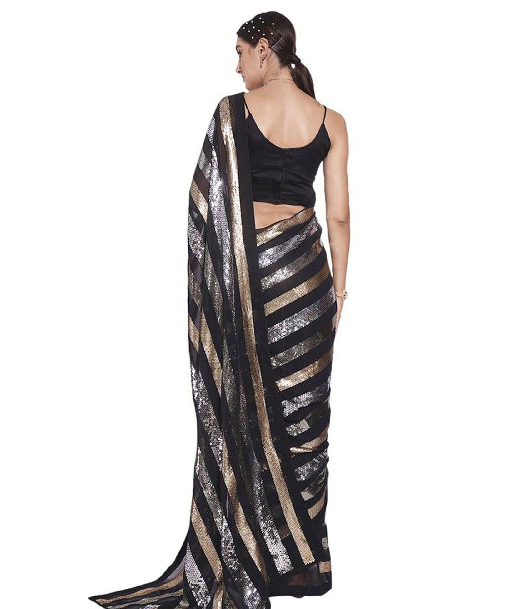 Black Saree with Metallic Sequin Stripes and Modern Glamour