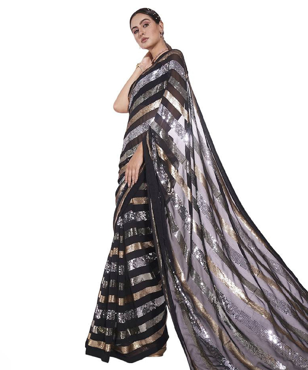 Black Saree with Metallic Sequin Stripes and Modern Glamour