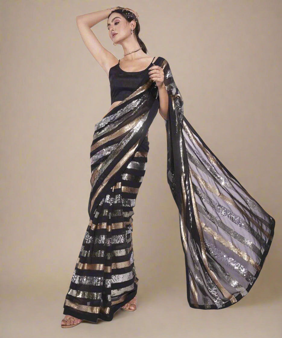 Black Saree with Metallic Sequin Stripes and Modern Glamour
